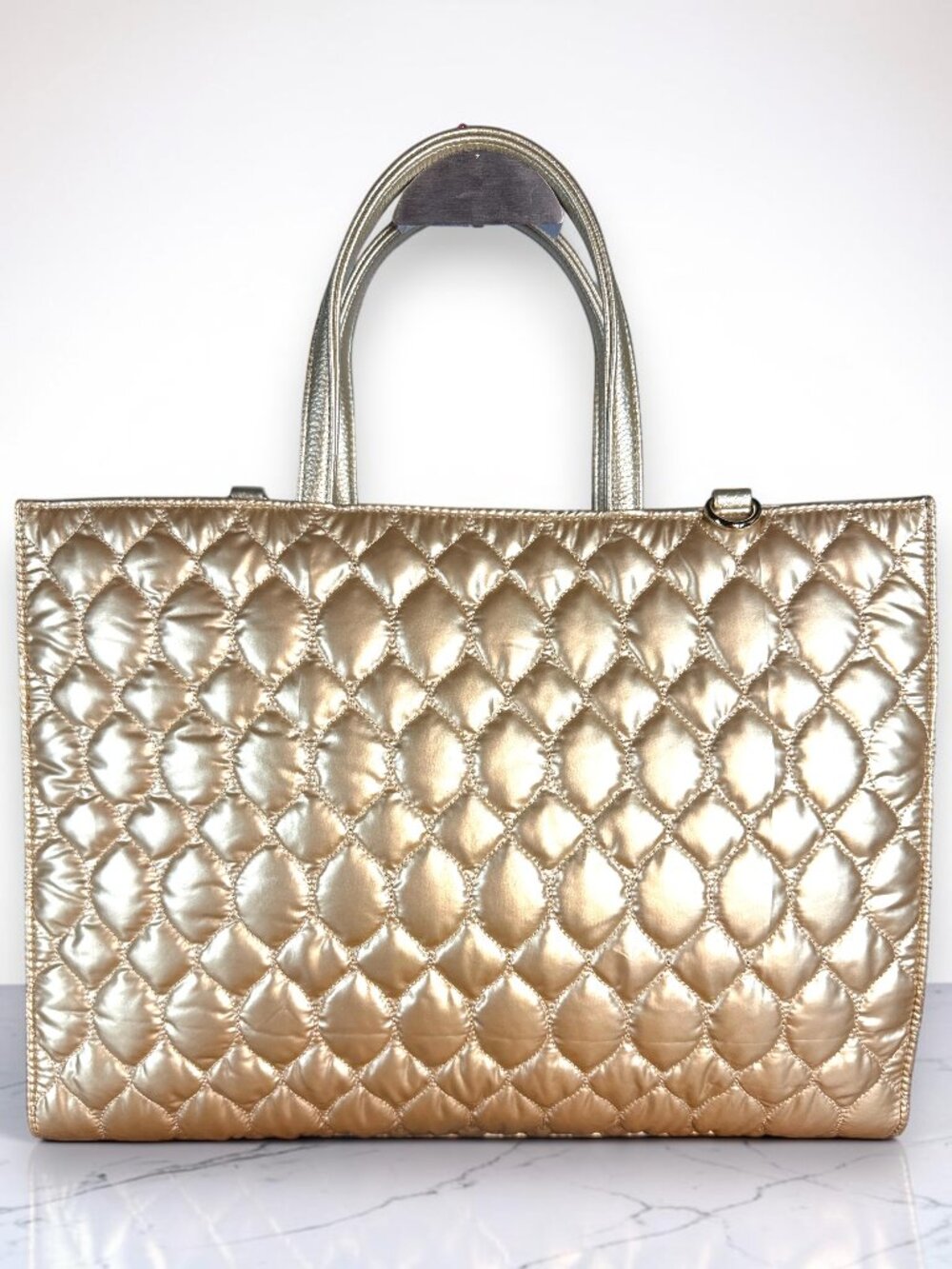 Sharif Global Generation Metallic Champagne Gold Puffer Sample Laptop Tote New - Picture 5 of 12